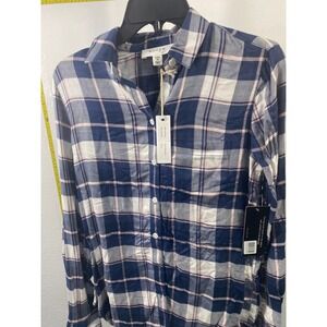 Korye Womens XS Navy Blue Pink Plaid Button Down Flannel‎ Shirt Long Sleeve NWT